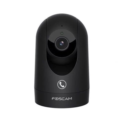Zwarte Foscam R8M 4K PTZ beveiligingscamera met draaibare lens en belfunctie voor indoor gebruik.