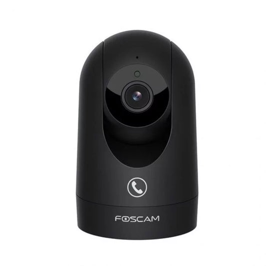 Zwarte Foscam R8M 4K PTZ beveiligingscamera met draaibare lens en belfunctie voor indoor gebruik.