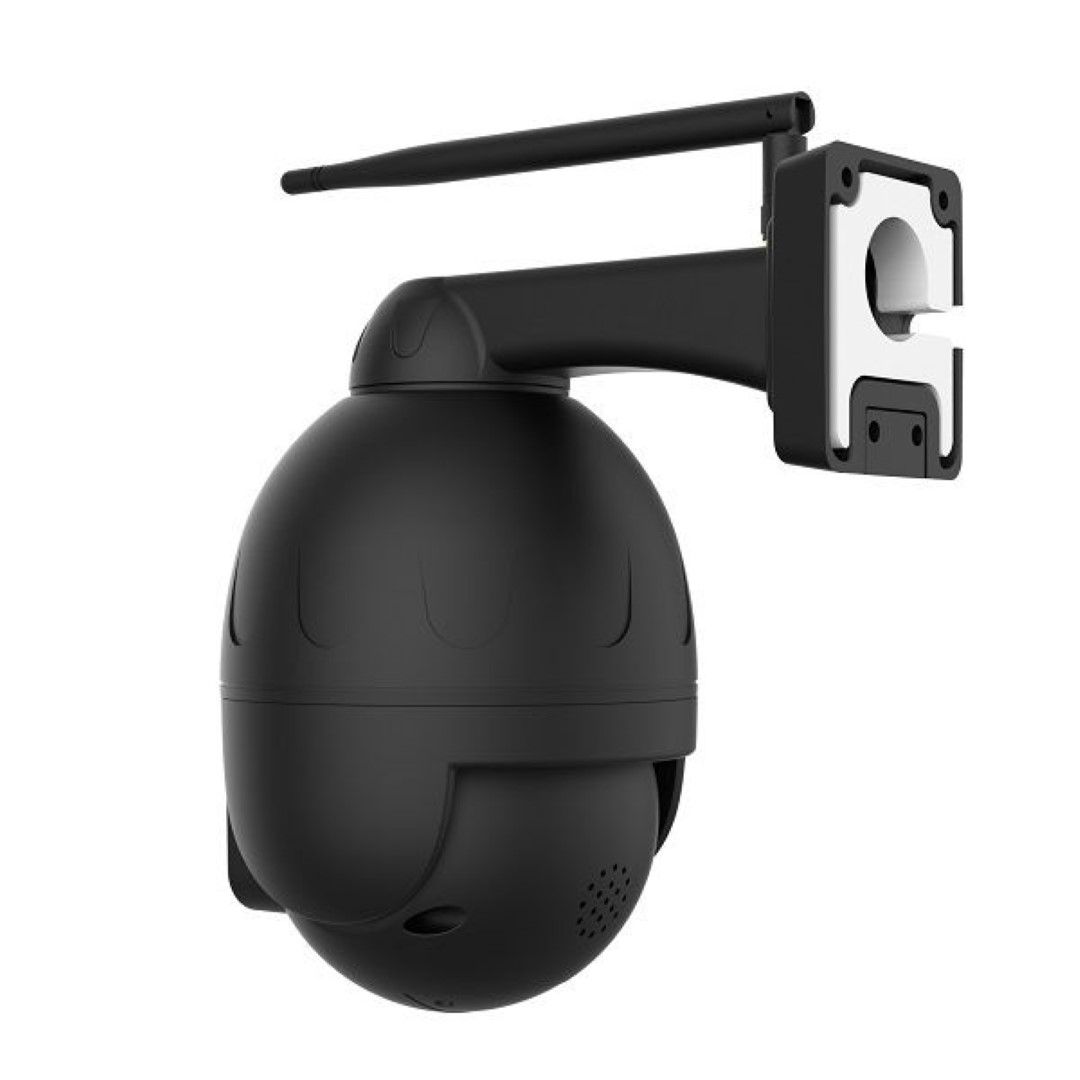 Zwarte Foscam SD4 outdoor PTZ beveiligingscamera met WiFi-antenne en muurbeugel voor buitenmontage.