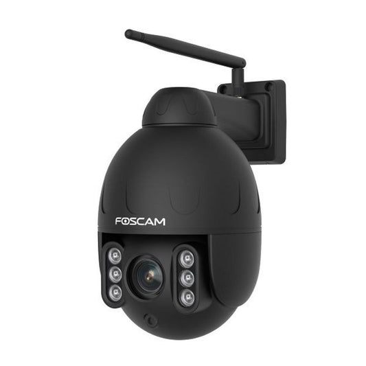 Zwarte Foscam SD4 outdoor PTZ-beveiligingscamera met 4x optische zoom, WiFi-antenne en infrarood nachtzicht.