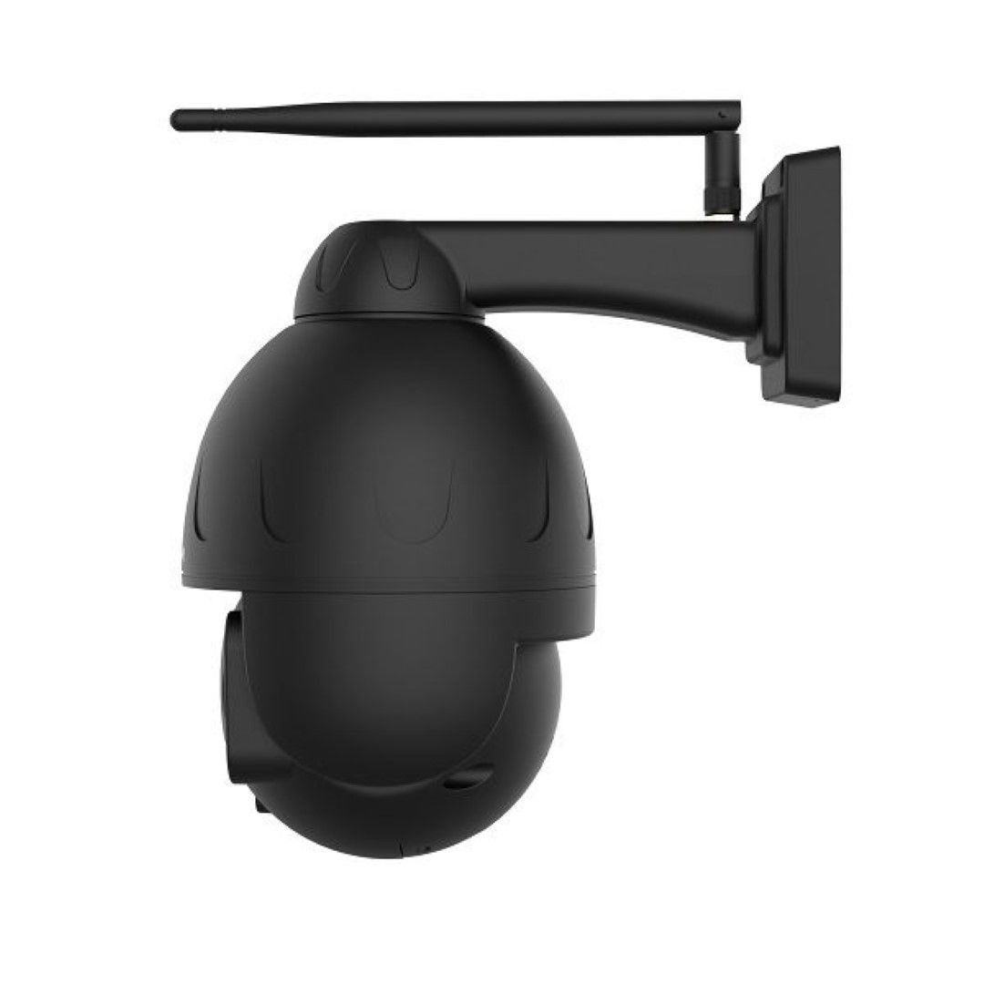 Zwarte Foscam SD4H outdoor PTZ-beveiligingscamera met 18x optische zoom, WiFi-antenne en weerbestendige behuizing.