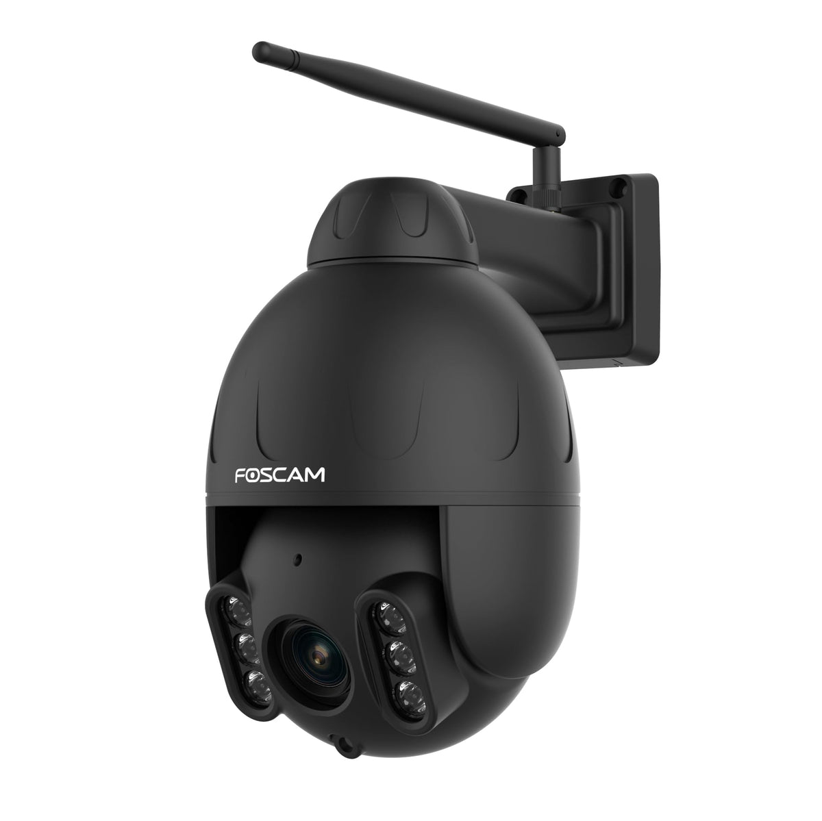 Zwarte Foscam SD4H outdoor PTZ-beveiligingscamera met 18x optische zoom, WiFi-antenne en infrarood nachtzicht.