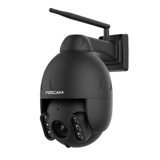 Zwarte Foscam SD4H outdoor PTZ-beveiligingscamera met 18x optische zoom, WiFi-antenne en infrarood nachtzicht.