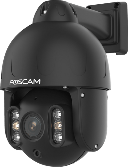 Zwarte Foscam SD8EP 4K PoE PTZ-beveiligingscamera voor buiten met 4x optische zoom en IR-nachtzicht.