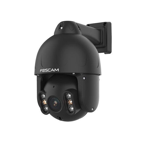 Zwarte Foscam SD8EP 4K PTZ-beveiligingscamera voor buiten met wandmontage en infrarood nachtzicht.