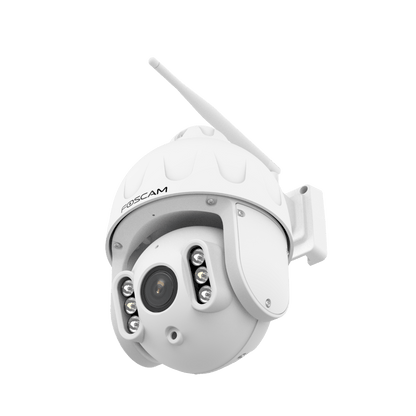 Witte Foscam SD8P 4K PTZ-beveiligingscamera voor buiten met WiFi-antenne, 4x optische zoom en infrarood nachtzicht.