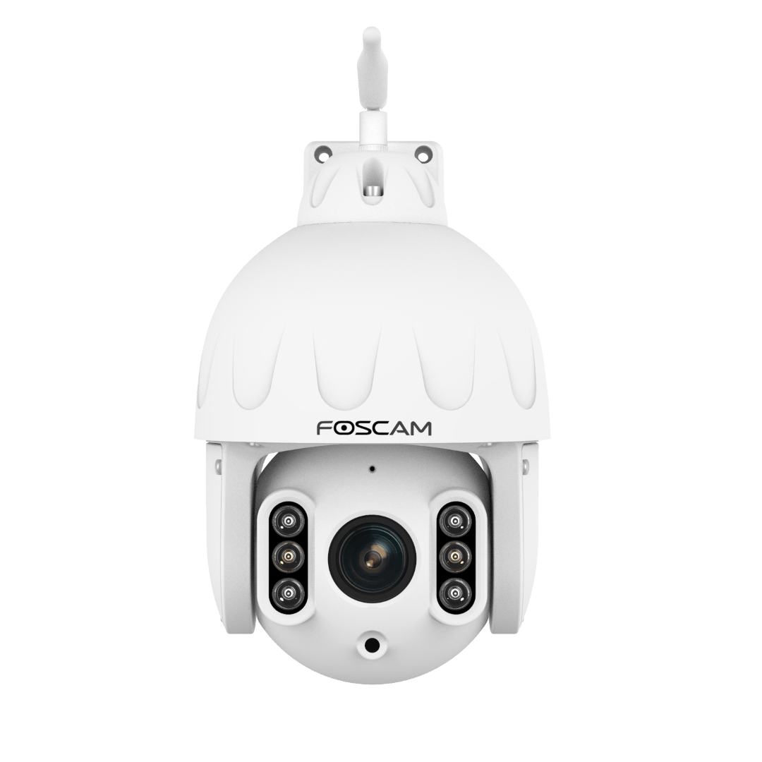 Witte Foscam SD8P 4K PTZ-beveiligingscamera voor buiten met optische zoom, infrarood nachtzicht en WiFi-antenne.