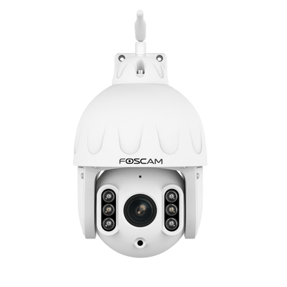 Witte Foscam SD8P 4K PTZ-beveiligingscamera voor buiten met optische zoom, infrarood nachtzicht en WiFi-antenne.