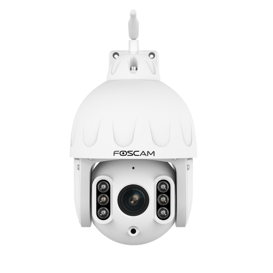 Witte Foscam SD8P 4K PTZ-beveiligingscamera voor buiten met optische zoom, infrarood nachtzicht en WiFi-antenne.