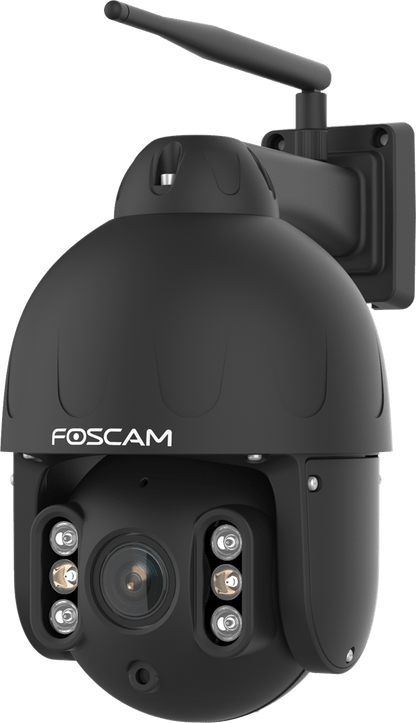 Zwarte Foscam SD8P 4K PTZ-beveiligingscamera voor buiten met WiFi-antenne en infrarood nachtzicht.