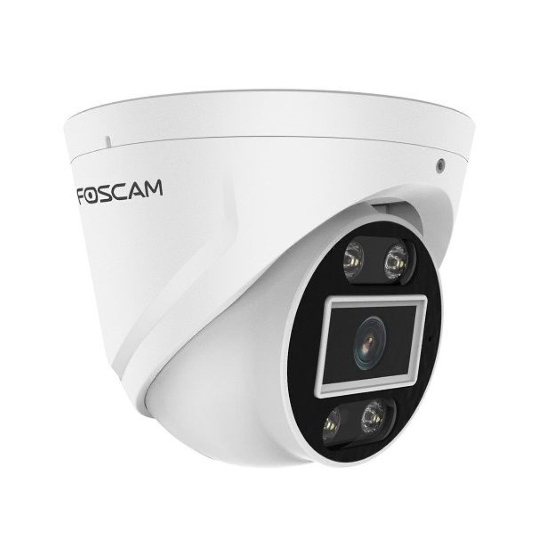 Witte Foscam T5EP 5MP PoE turret beveiligingscamera met spotlight en infrarood nachtzicht voor buiten.