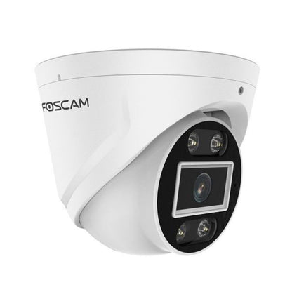 Witte Foscam T5EP 5MP PoE turret beveiligingscamera met spotlight en infrarood nachtzicht voor buiten.