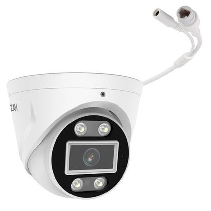 Witte Foscam T5EP 5MP PoE turret beveiligingscamera met spotlight en bekabelde aansluiting.