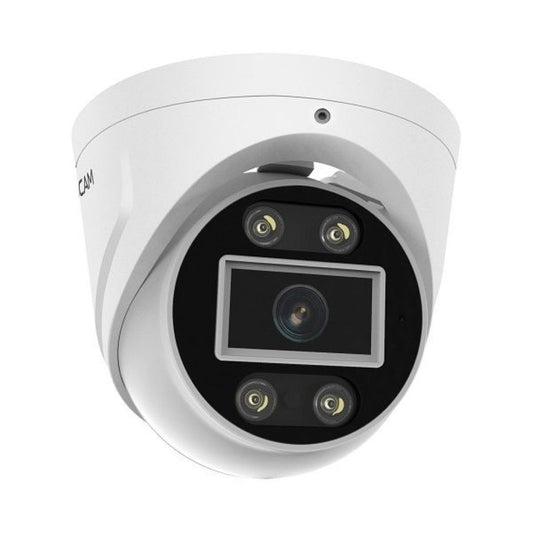 Witte Foscam T5EP 5MP PoE turret beveiligingscamera met spotlight en infrarood nachtzicht voor buiten.