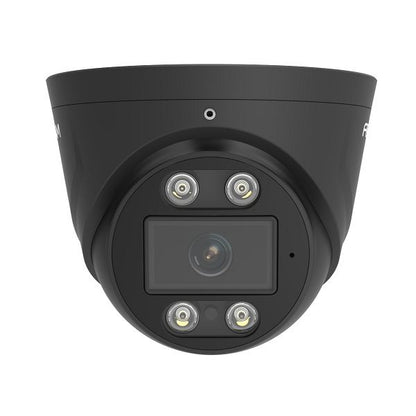 Zwarte Foscam T5EP PoE turret beveiligingscamera met 5MP lens, spotlight en infrarood nachtzicht voor buiten.