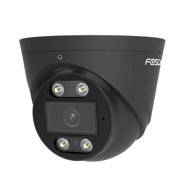Zwarte Foscam T5EP 5MP PoE turret beveiligingscamera met spotlight en infrarood nachtzicht.