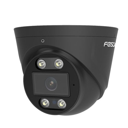 Zwarte Foscam T5EP 5MP PoE turret beveiligingscamera met spotlight en infrarood nachtzicht.