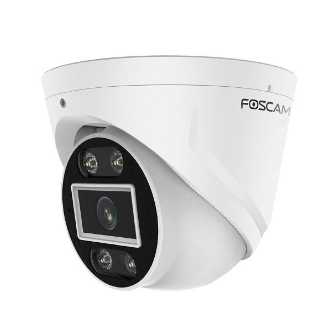 Witte Foscam T8EP 8MP 4K PoE turret beveiligingscamera met spotlight en IR-nachtzicht voor buiten.