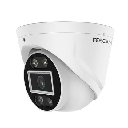 Witte Foscam T8EP 8MP 4K PoE turret beveiligingscamera met spotlight en IR-nachtzicht voor buiten.