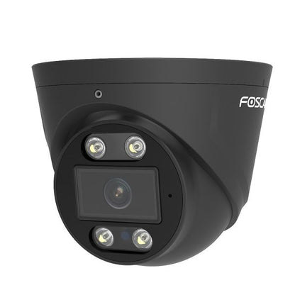 Zwarte Foscam T8EP 8MP 4K PoE turret beveiligingscamera met spotlight en IR-nachtzicht voor buiten.