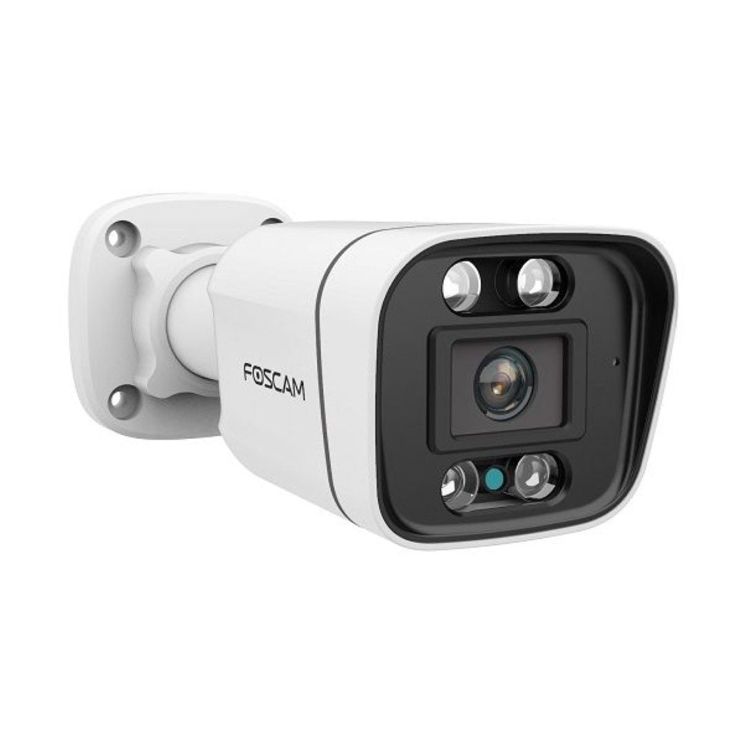 Witte Foscam V4EC PoE bullet beveiligingscamera met spotlight, IR-nachtzicht en strak modern design voor buiten.