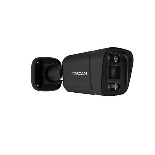 Zwarte Foscam V4EC PoE bullet beveiligingscamera met spotlight en strak design voor buitenmontage.