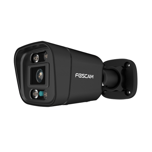 Zwarte Foscam V5EP 5MP PoE bullet beveiligingscamera met spotlight en infrarood nachtzicht voor buiten.