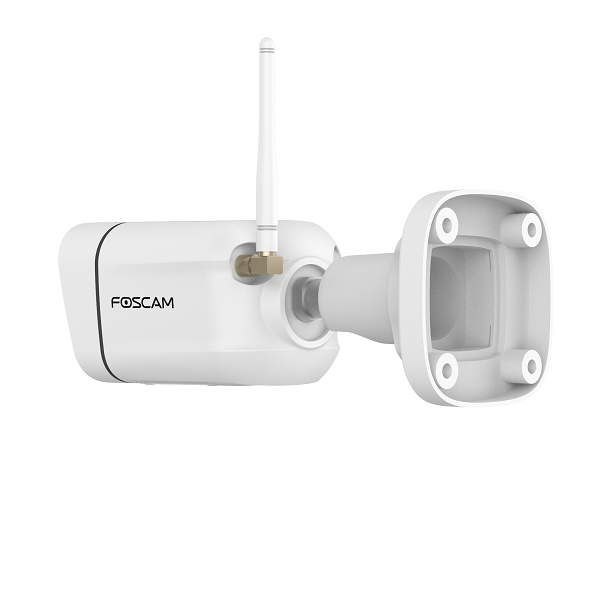 Witte Foscam V5P bullet beveiligingscamera met externe WiFi-antenne en verstelbare muurbeugel voor buiten.