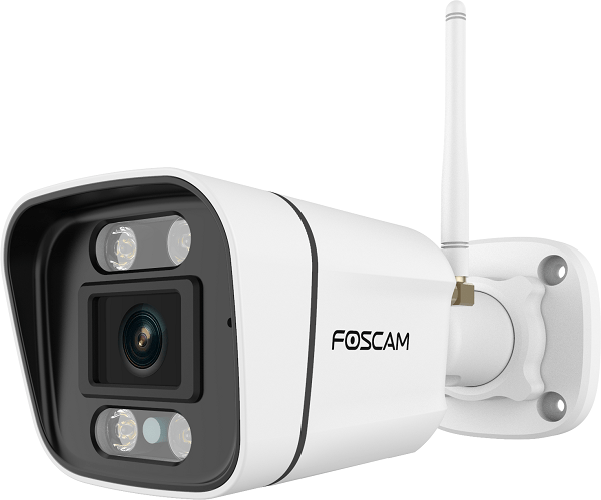 Witte Foscam V5P 5MP bullet beveiligingscamera met spotlight, externe antenne en wandmontagebeugel.