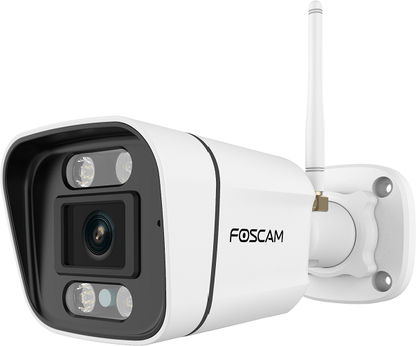 Witte Foscam V5P 5MP bullet beveiligingscamera met spotlight, externe antenne en wandmontagebeugel.