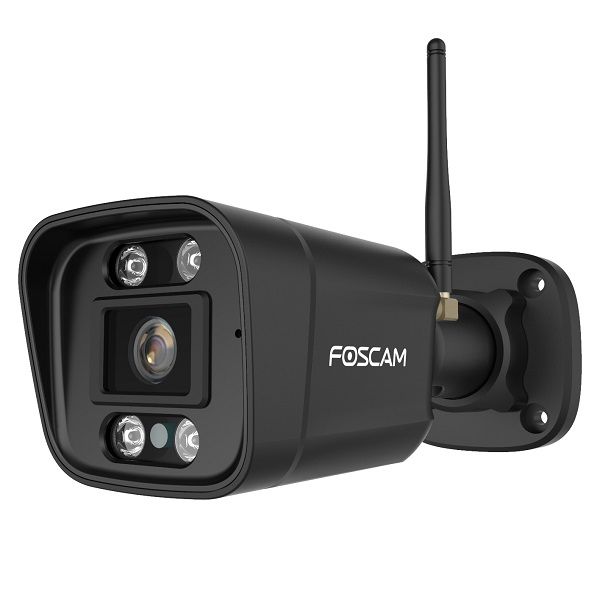 Zwarte Foscam V5P 5MP WiFi bullet beveiligingscamera met spotlight en externe antenne voor buiten.