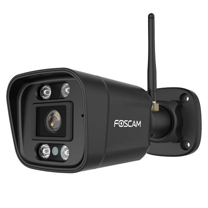 Zwarte Foscam V5P 5MP WiFi bullet beveiligingscamera met spotlight en externe antenne voor buiten.