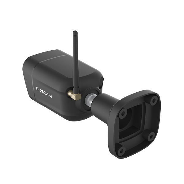 Zwarte Foscam V5P bullet beveiligingscamera met WiFi-antenne en montagebeugel voor buiten.