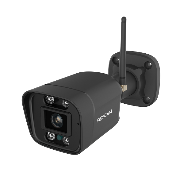 Zwarte Foscam V5P 5MP WiFi bullet beveiligingscamera met spotlight en externe antenne voor buiten.