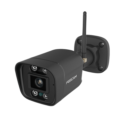 Zwarte Foscam V5P 5MP WiFi bullet beveiligingscamera met spotlight en externe antenne voor buiten.