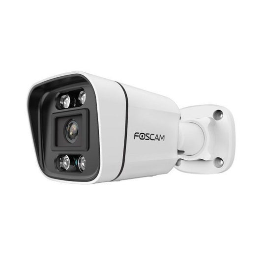 Witte Foscam V8EP 8MP PoE bullet beveiligingscamera met spotlight en infrarood nachtzicht voor buiten.