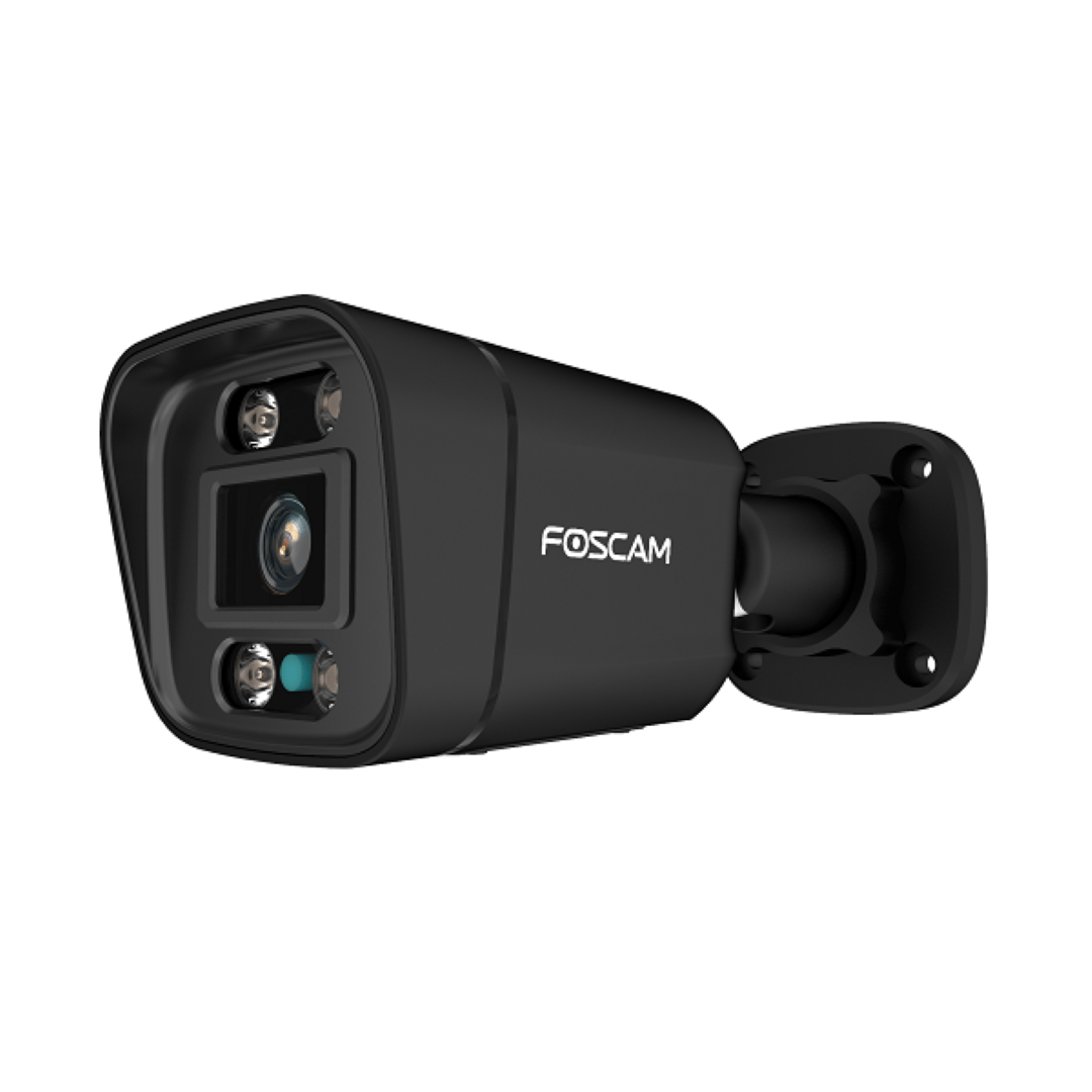 Zwarte Foscam V8EP 8MP PoE bullet beveiligingscamera met spotlight en infrarood nachtzicht voor buiten.