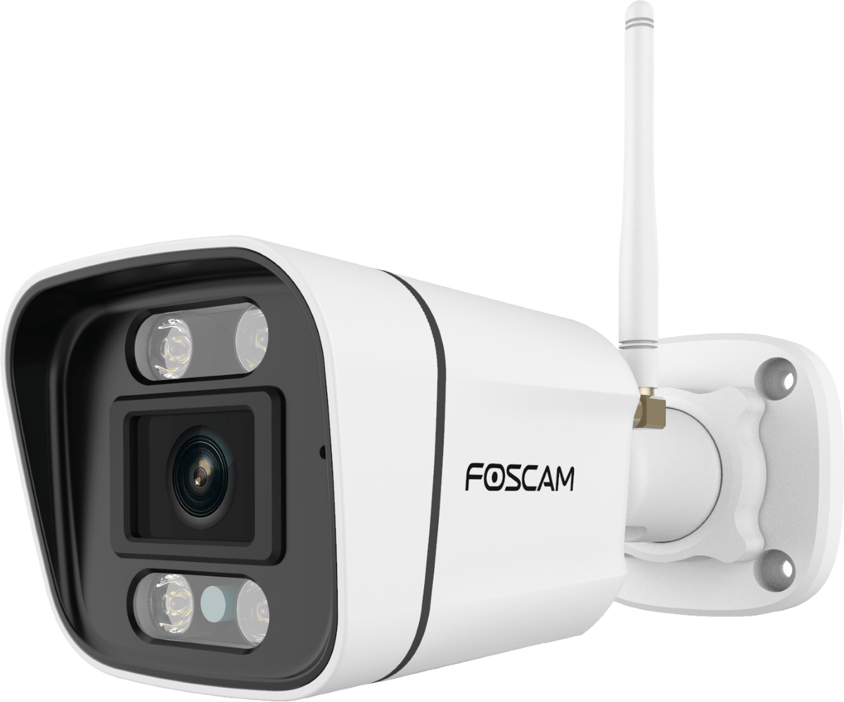 Witte Foscam V8P 8MP 4K WiFi bullet camera met spotlight, externe antenne en weerbestendige behuizing.