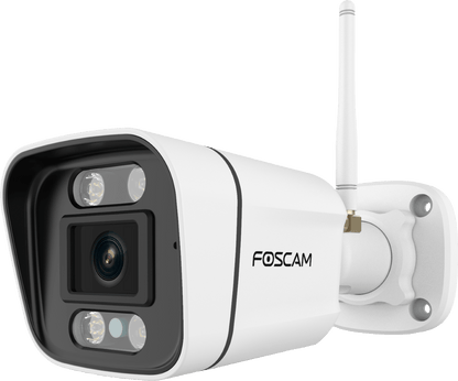 Witte Foscam V8P 8MP 4K WiFi bullet camera met spotlight, externe antenne en weerbestendige behuizing.