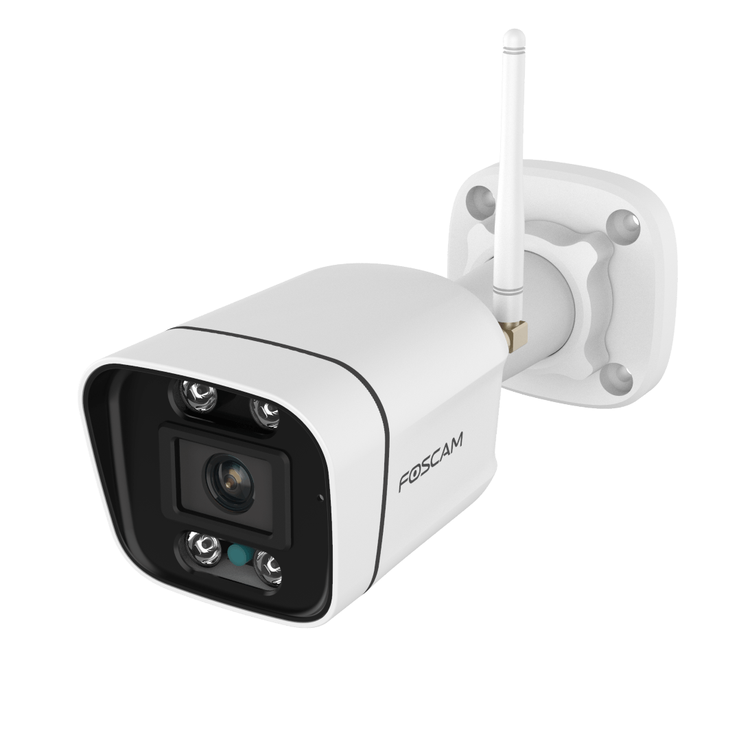 Witte Foscam V8P 8MP 4K WiFi bullet camera voor buiten met spotlight en antenne op een witte achtergrond.