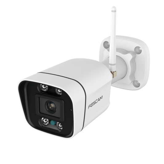 Witte Foscam V8P 8MP 4K WiFi bullet camera voor buiten met spotlight en antenne op een witte achtergrond.