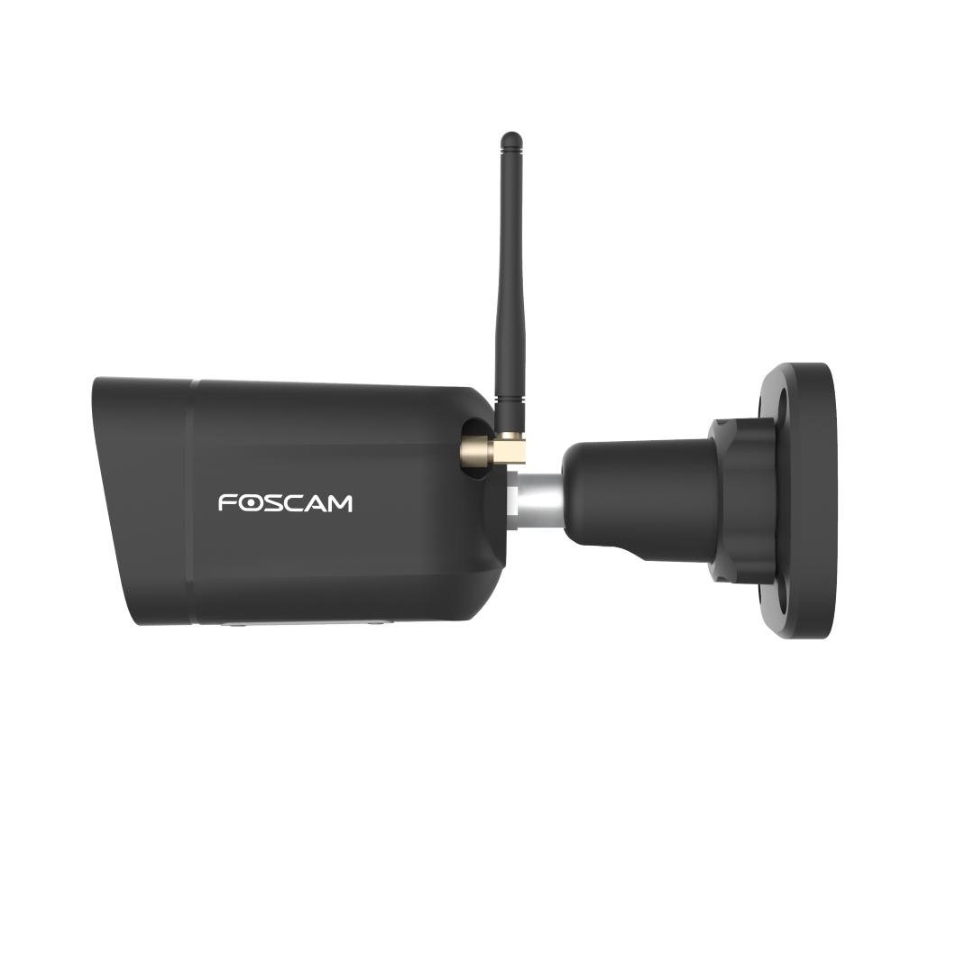 Zwarte Foscam V8P 8MP 4K WiFi bullet beveiligingscamera met verstelbare muurbeugel en externe antenne.