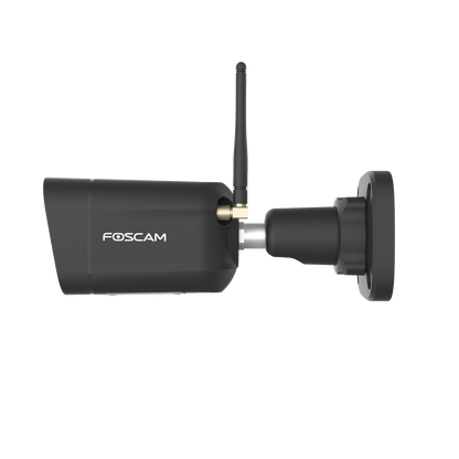 Zwarte Foscam V8P 8MP 4K WiFi bullet beveiligingscamera met verstelbare muurbeugel en externe antenne.