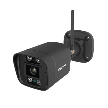 Zwarte Foscam V8P 8MP 4K WiFi bullet camera met spotlight en antenne voor buitenbeveiliging.