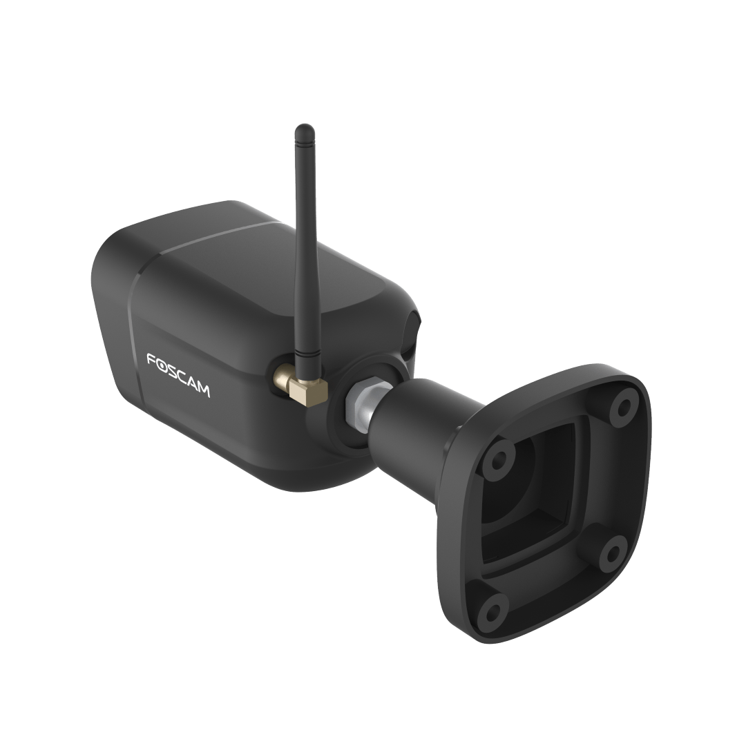 Zwarte Foscam V8P 8MP 4K WiFi bullet camera met antenne en verstelbare muurbeugel voor buitenbeveiliging.