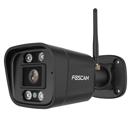 Zwarte Foscam V8P 4K WiFi bullet camera met spotlight, antenne en wandbeugel voor buitenbeveiliging.