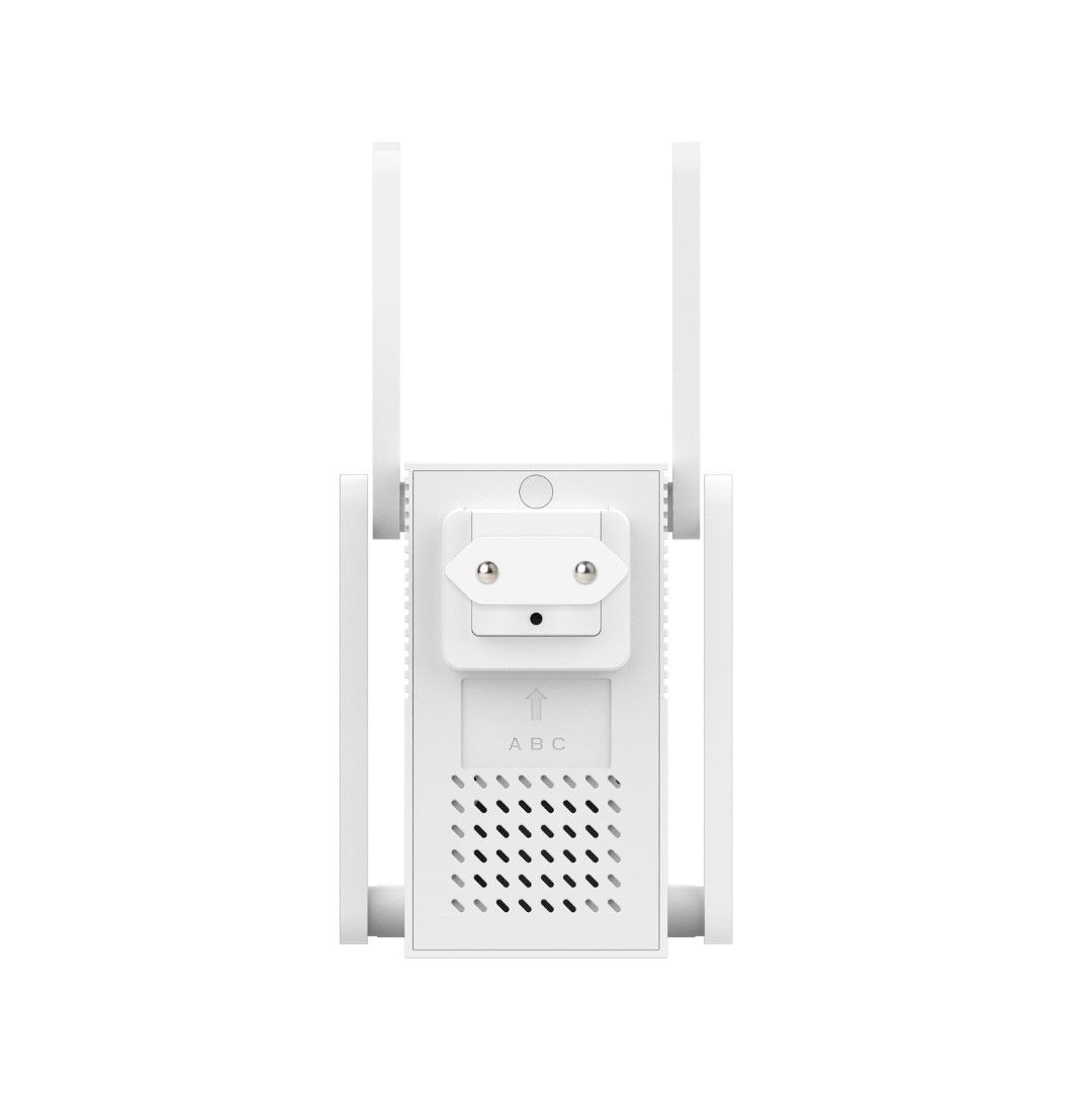 Witte Foscam VC1 WiFi gong met twee antennes, stopcontactstekker en luidsprekerrooster voor draadloze deurbelmeldingen.