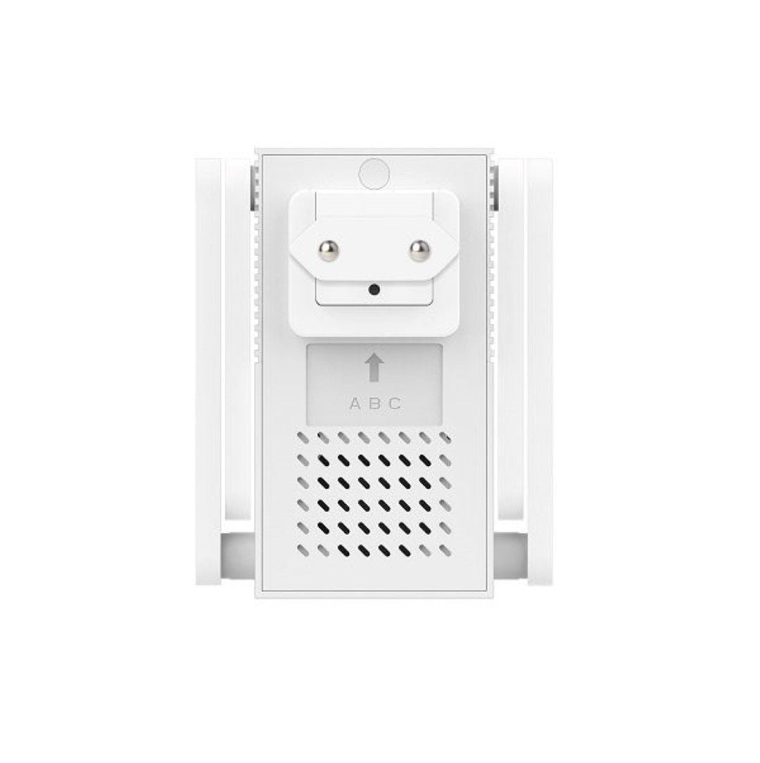 Witte Foscam VC1 slimme WiFi-gong met stopcontactstekker, luidsprekerrooster en LED-indicatoren voor deurbelmeldingen.