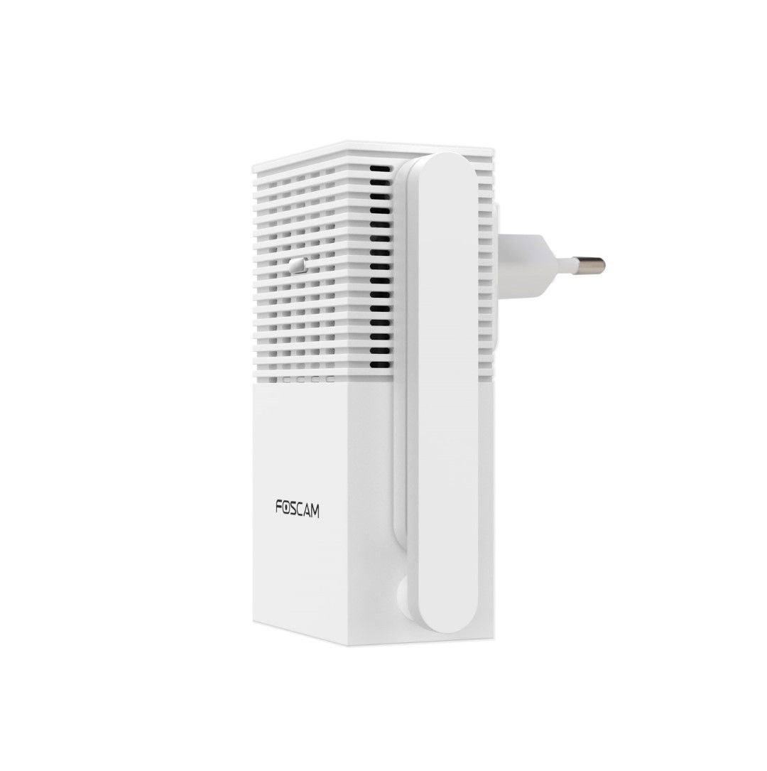 Witte Foscam VC1 slimme WiFi-gong met stopcontactstekker, luidsprekerrooster en LED-indicatoren voor de deurbel.