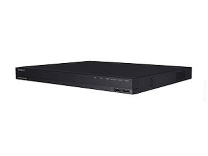 Zwarte Hanwha ARN-1610S 16-kanaals NVR netwerk videorecorder in een slank 1U rackformaat behuizing.